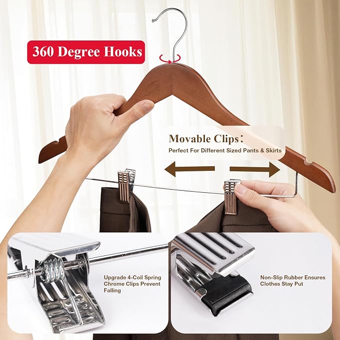 Wooden Hangers with Clips 24 Pack Wooden Pants Hangers,Skirt Hangers with Clips,Adjustable Heavy Duty Clip Hangers,Hangers for Pants,Jeans,Slacks,Shorts （Walunt） - Image 2