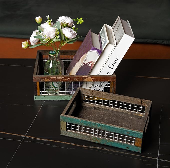 TIMRIS Set of 2 Rustic Wooden Countertop Baskets, Farmhouse Distressed Nesting Boxes, Small Decorative Wooden Storage Crates, Reclaimed Wood Organizer Baskets with Wire Mesh (Random) - Image 6