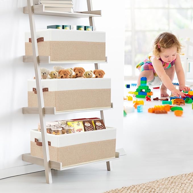 Closet Organizer Bins 3 Pack, Large Storage Bins for Shelves | Foldable Closet Storage Boxes Baskets with Leather Handles for Organizing Clothes, Sheets, Jeans, Toys, Books（Begie） - Image 2