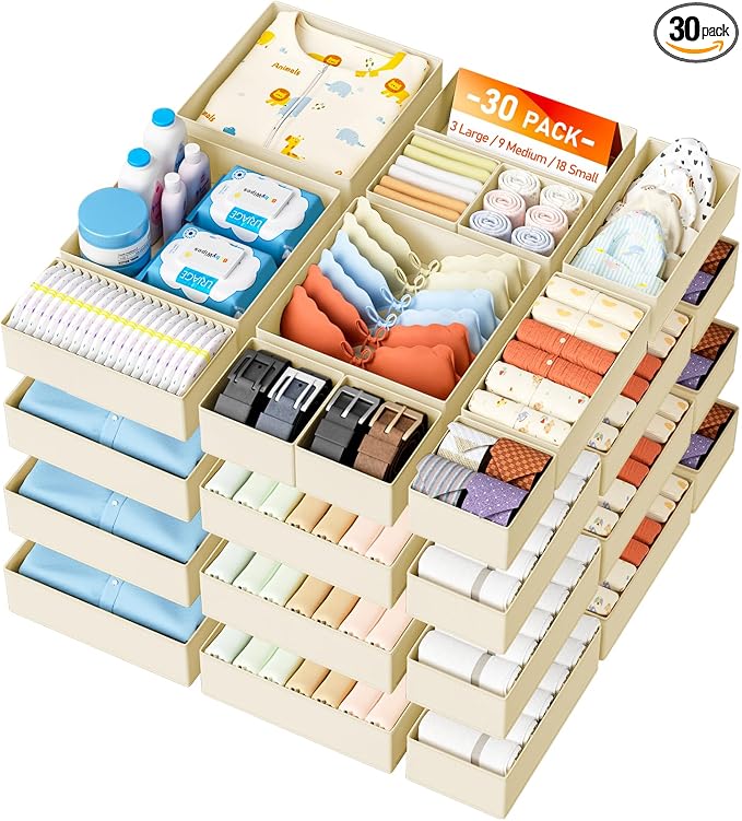 DIMJ Drawer Organizer Clothes - 30 Pack Closet Drawer Organizer Bins for Baby Clothes Storage, Fabric Dresser Organizer for Nursery Bedroom, Foldable Small Drawer Dividers for Underwear Socks by DiMJ
