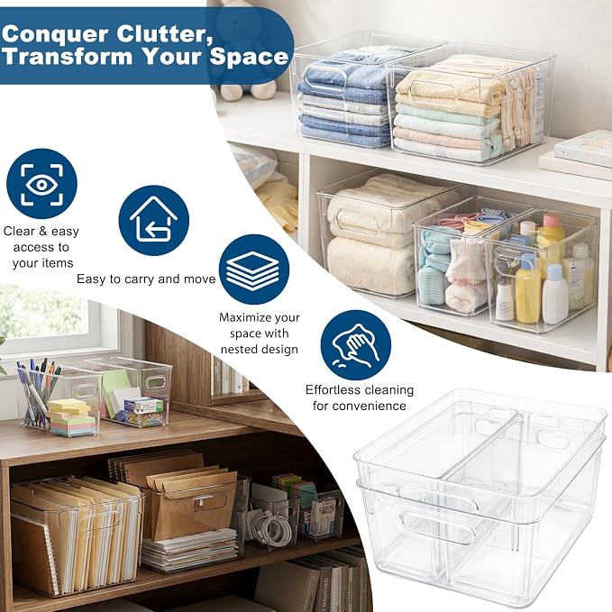 MOONEDGE 4 Pack Clear Plastic Organizer Bins, 2 Large & 2 Small Storage Set | Storage Bins for Pantry, Space-Saving Organizer Containers for Cabinets, Under-Sink, Bathroom, Kitchen, Freezer, Home Storage - Image 5
