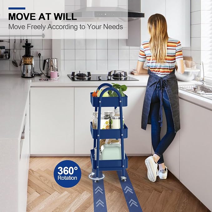 3 Tier Utility Rolling Cart, Metal Storage Cart with Handle and Lockable Wheels, Multifunctional Storage Organizer Trolley with Mesh Baskets for Kitchen, Living Room, Office, Garage (Indigo) - Image 4