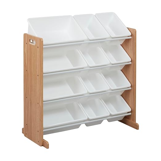 ECR4Kids 4-Tier Organizer with 12 Removable Plastic Bins, 4x3, Toy Storage, Dark Natural/White | Durable plastic bins, MDF panels, steel frame, GREENGUARD Gold Certified, 48 lb capacity, anti-tip kit, playroom/classroom by ECR4Kids