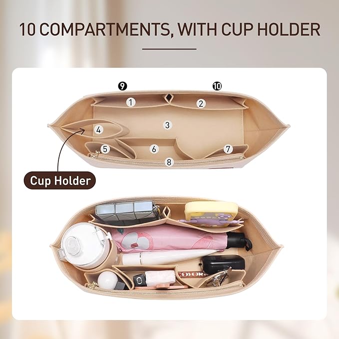 Tote Bag Organizer Insert with Base Shaper, Felt Neverfull MM Organizer, Purse Organizer Insert with Zipper Pocket and Bottle Holder, Fits Speedy 30 Neverfull MM Tote Handbags and More,Beige-L - Image 5
