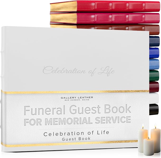 Gallery Leather Funeral Guest Book for Memorial Service and Celebration of Life with 192 Lined Pages - Hardcover, Bound Leather, Perfect for Cherished Memories - 7 x 9 - Acadia White | 192 Lined Pages - Hardcover, Bound Leather Guest Sign in Book - 7 x... by GalleryLeather