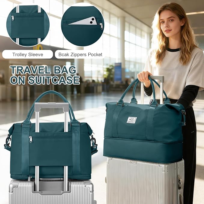 Travel Duffel Weekender Bag Women Tote Carry On Bags With Shoe Compartment | 18x14x8 inches Travel Overnight Bags with Trolley Sleeve for Airplanes Sport Tote Gym for Men Lightweight Daypack Blue. - Image 3