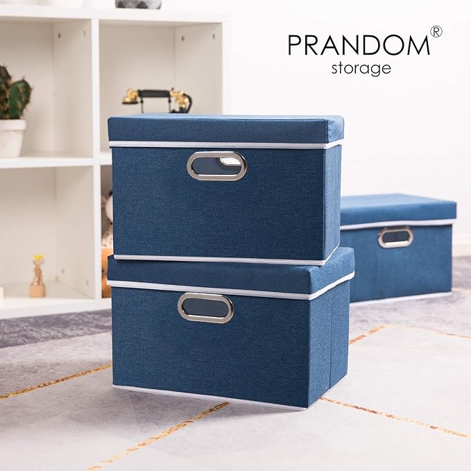 Foldable Storage Bin with Lid [5-Pack] Linen Fabric Decorative Storage Box Organizer Container Basket Cube with Handles Divider for Closet Office Living Room Royal Blue(14.9x9.8x9.8) - Image 2