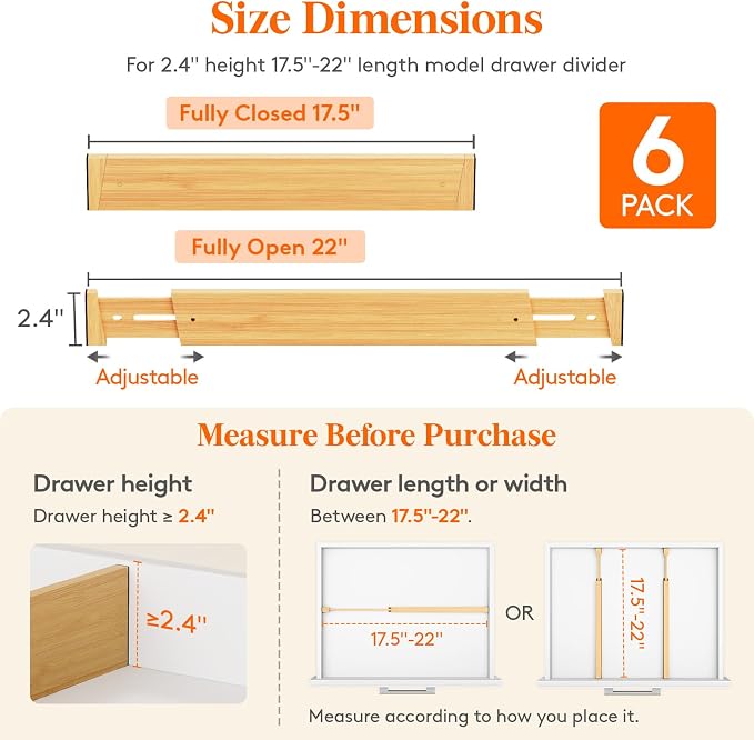 Lifewit 2.4" Kitchen Drawer Dividers, Adjustable Bamboo Drawer Organizers | 6 Pack 17.5"-22" Expandable Drawer Separator for Clothes, Utensils, Dresser, Cabinet, Closet, Nursery Organization & Storage - Image 3