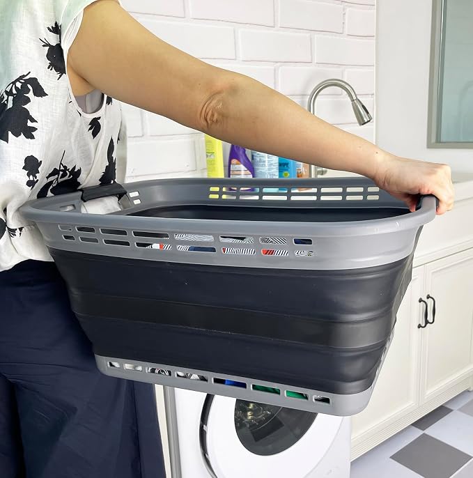 SAMMART 42L (11 Gallons) Collapsible Plastic Laundry Basket - Foldable Pop Up Storage Container/Organizer - Portable Washing Tub - Space Saving Hamper/Basket [BPA Free] (Grey/Black) - Image 3