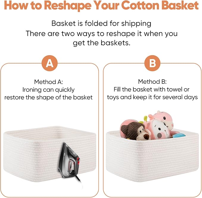 OIAHOMY 4 Pack 14.17 * 11.02 * 6.3IN Storage Baskets for Organizing Shelves, Woven Rope Baskets for Organizing Books, Clothes, Decorative Basket for Living Room, Nursery, Bedroom, Gift Basket, White - Image 7