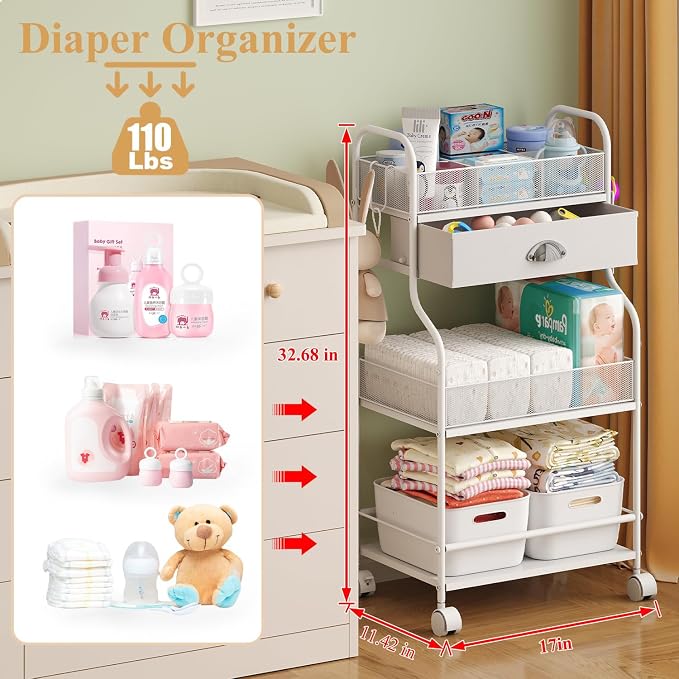Baby Diaper Caddy Cart Organizer -3 Tier, Bedside Nursery Essentials Organizer & Storage Holder for Newborn Baby Stuff, 2+1 Dividers, 1 Drawer,Rolling Utility Cart for Bedroom,Changing Table, Crib. - Image 2