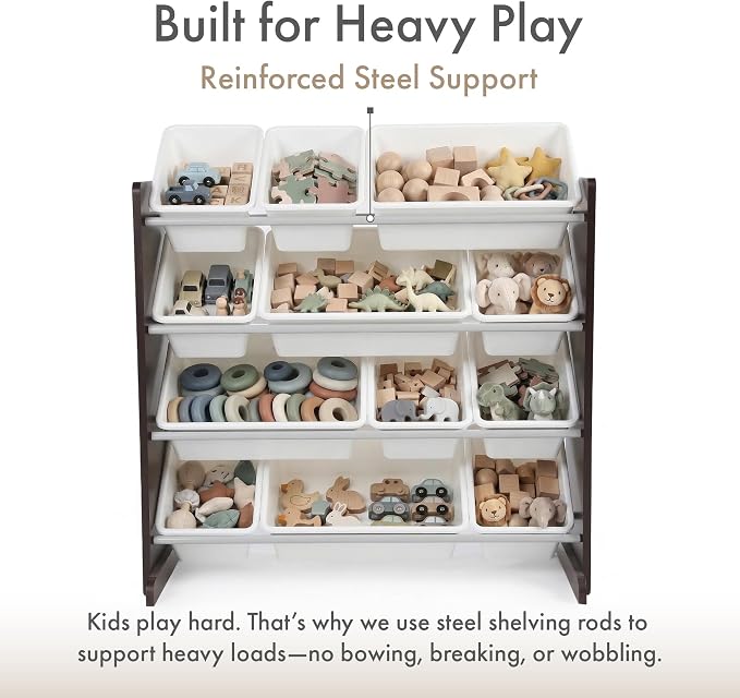 Humble Crew Kids Toy Organizer with 12 Bins, 4 Tier Storage for Playroom | Sturdy wood and steel toddler shelf, removable BPA-free containers, wall anchor anti-tip safety kit for bedroom or classroom - Image 5