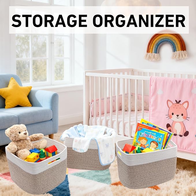 3 Pack Woven Baskets,Storage Baskets for Shelves with Handles | 13.5"×11"×9.5" Closet Baskets, Nursery Organizer for Toys Towels Books, Storage Bin for Living Room Bedroom (White&Brown) - Image 5