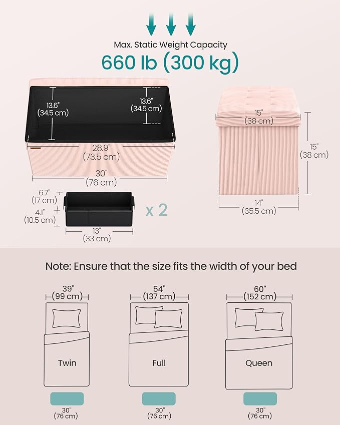 SONGMICS Mazie Collection - Storage Ottoman Bench, Foldable Foot Rest, 15 x 30 x 15 Inches, End of Bed Bench, Storage Chest, Load 660 lb, Living Room, Bedroom, Entryway, Jelly Pink ULSF603R01 - Image 2