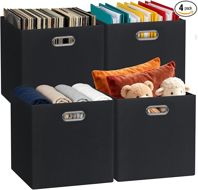 13x13 Storage Cubes Basket Containers for Shelf Cabinet Bookcase Boxes | Foldable Fabric Cube Storage Boxes with 2 Handles, Ideal for Shelves, Closets, and Clothes, Set of 4 (Pure Black-1200D) by Posprica