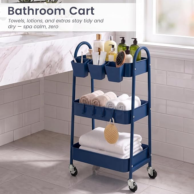 danpinera 3-Tier Rolling Cart, Utility Cart Mobile Metal Rolling Storage Cart with Lockable Wheels & Hanging Cups & Hooks for Kitchen, Bathroom, Office, Workshop, Dark Blue - Image 7