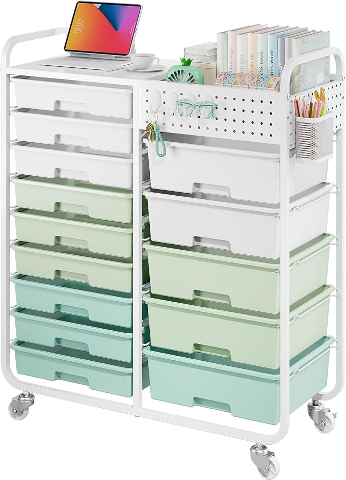 14 Drawer Rolling Storage Cart with Tabletop and Pegboard for Crafts Green | Easy Setup, Large Capacity, Sturdy Build, Smooth Mobility, For classroom, office and dorm supplies by APEXCHASER