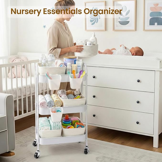 3-Tier Rolling Utility Cart with 4 Woven Baskets, Diaper Book Snack Cart, Storage Organizer for Nursery, Kitchen, Craft Room, Home SPA, Living Room, Metal Frame Trolley on Lockable Wheels, White - Image 3