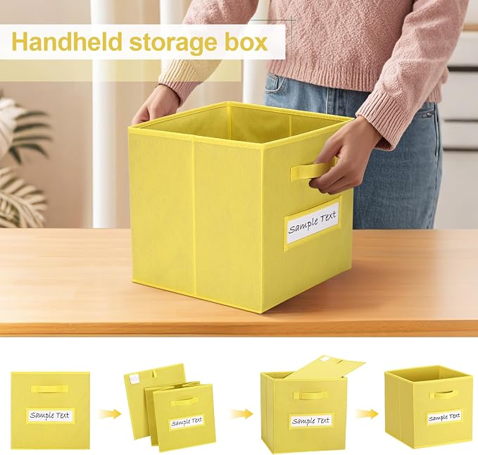 Fabric storage cubes (8 Pack) 11 Inch Cube Storage Bin, cube organizer bins with 8 Labels Window Cards & a Pen, Foldable cube organizer bins and Storage Box, Dark Yellow - Image 4