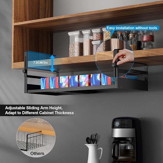 AmonHouseware 2Pack Expandable Under Shelf Storage Basket Organizer,Black | Adjustable Hanging,Length Stretchable13-21Inch,Under Cabinet Shelf for Laundry Room Kitchen Pantry Desk Counter Cupboard - Image 3