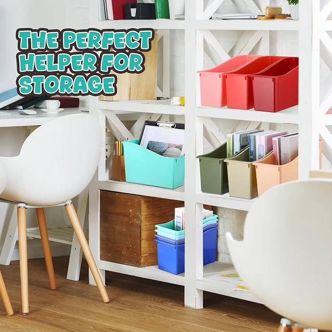 Teling 24 Pcs Plastic Book Bins Bulk for Classroom Interlocking Magazine Holder Organizer Folder Binder Storage Container Box with Name Labels for School Office Home Supply (Retro Earth Tone) - Image 4