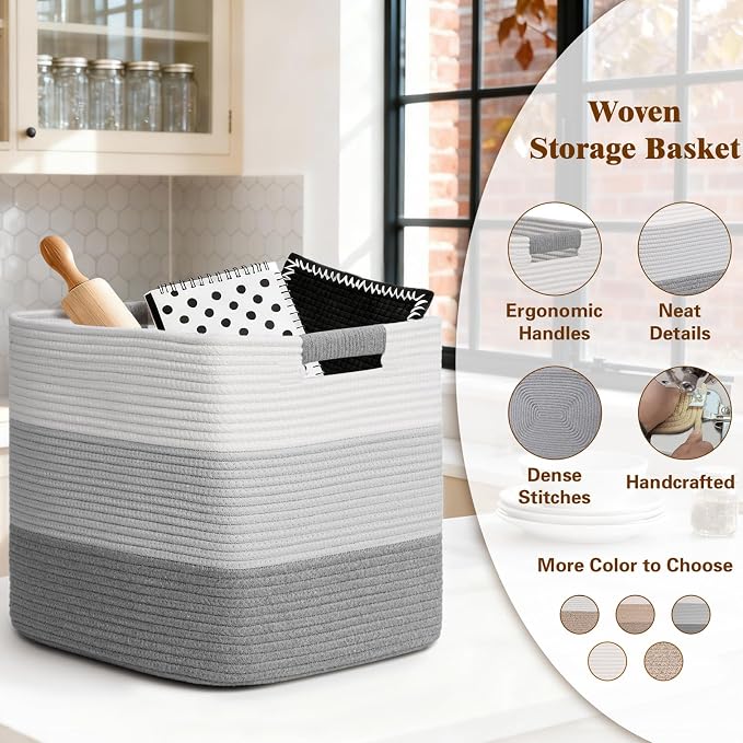 15×13 Inch Storage Cubes, 3 Pack Cube Storage Bins for Organizing, Cotton Rope Woven Baskets for Shelves, Bathroom, Kids Room, Closets, Baby Nursery - Image 4