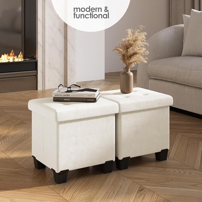 Storage Ottoman Cube with Small Bin, 15-in Square Ottoman with Storage for Living Room and Bedroom, Small Ottomans Foot Rest, Velvet Foot Stools Ottomans Max 330lbs, Cream - Image 2
