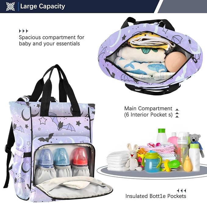 Halloween Diaper Bag Backpack Cute Bats Starry Sky Travel Diaper Bags for Women, 10L Functional Baby Changing Bag with Insulted Pockets, Stroller Straps - Image 5