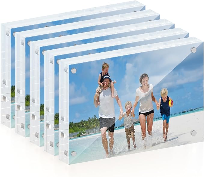 ATZYmolin 5 Pack 4x6 Acrylic Picture Frame, Magnetic Double Sided | 20mm Thick Frameless Clear Transparent Photo Frame, Self Standing for Desktop Tabletop, with Microfiber Cloth by ATZYmolin