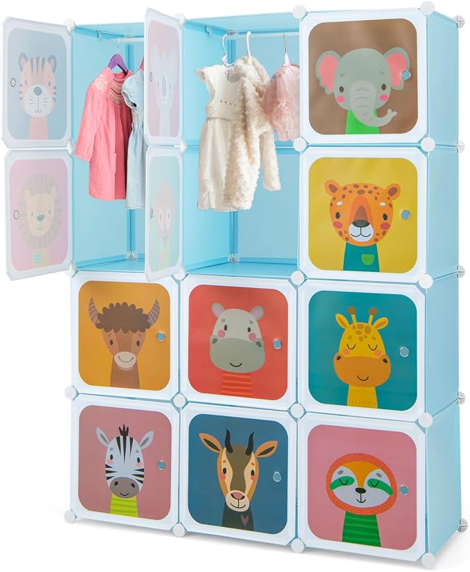 HONEY JOY Kids Wardrobe Closet, Baby Cartoon Clothes Storage Organizer, 12 Cubes & 2 Hanging Sections, Portable Children DIY Modular Bedroom Armoire Dresser Cabinet for Boys Girls (Blue) by HONEYJOY