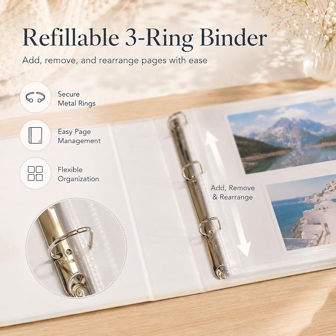 3 Ring Binder 12x12 Inch Large Scrapbook Photo Album, Linen Cover Scrap Book with 50 Plastic Sleeves 100 Pages Junk Journaling White Pages for Wedding Couples Baby Travel Women kids (Ivory) - Image 3