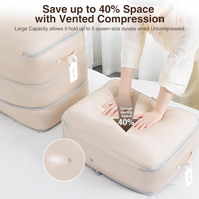 2 Pack Compression Storage Bags - 110L Large Capacity Comforter Storage Bag, 3-Layer Washable Ultra Space Saving Self Compression Organizer Space Bags for Blankets, Sweaters, Sheets, Beige - Image 3