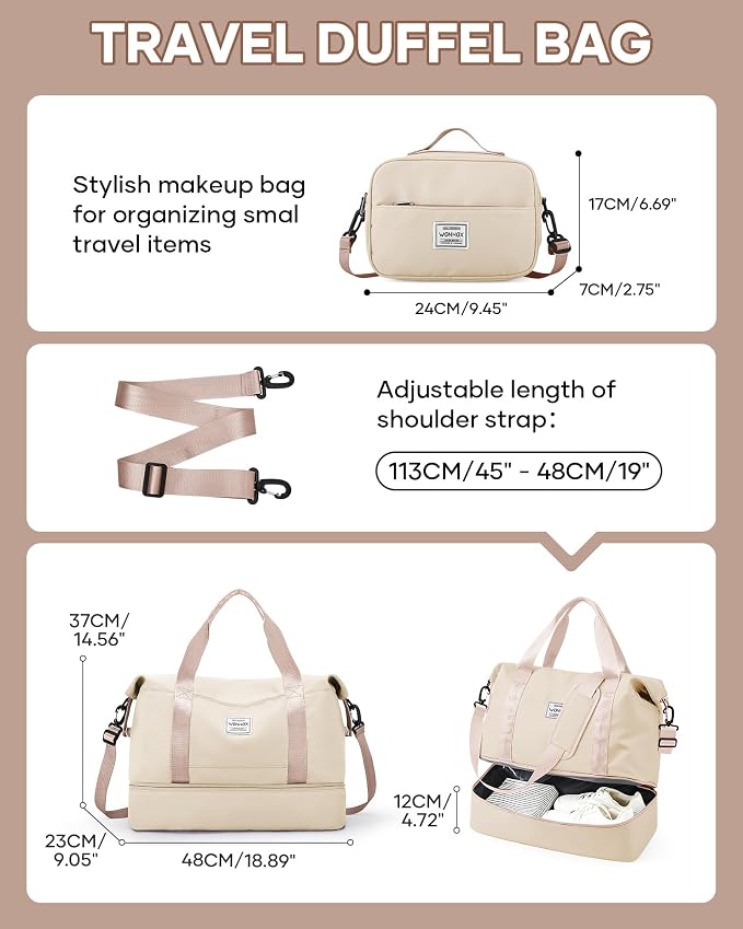 Travel Duffel Weekender Bag Women Tote Carry On Bags With Shoe Compartment | Travel Overnight Bags with Trolley Sleeve for Airplanes Waterproof Lightweight Sport Tote Gym with Toiletry Bag Beige - Image 3