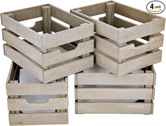 Gray Wooden Crates, Set of 4 Rustic Storage Boxes for Home Organization, Tool Box, Wine Carrier, and Camping Supplies, 12.2 Inches. by WUERMU