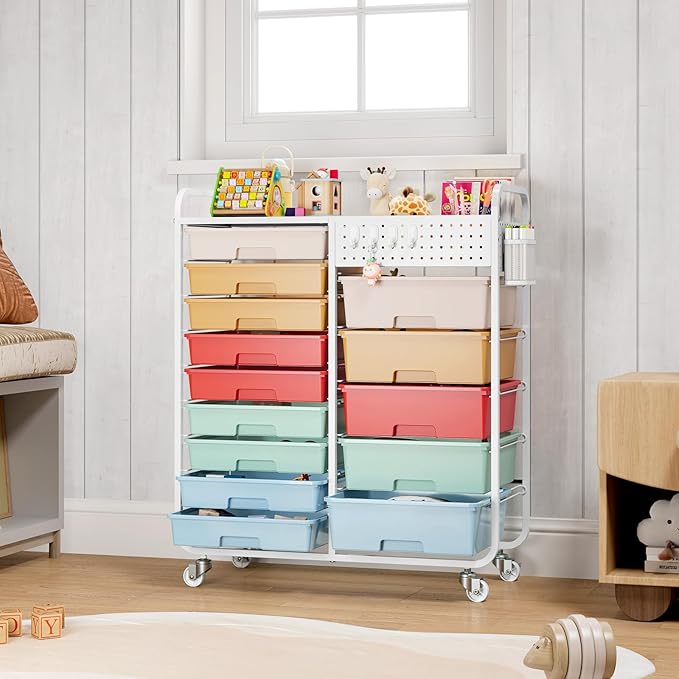 14 Drawer Rolling Storage Cart with Tabletop and Pegboard for Craft Color | Easy Setup, Large Capacity, Sturdy Build, Smooth Mobility, For classroom, office and dorm supplies - Image 2