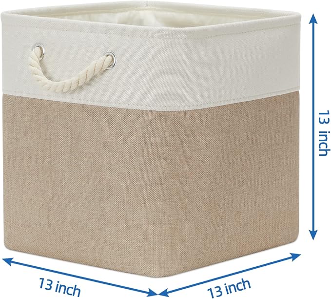 Temary Cube Storage Baskets 4 Pack 13x13 Fabric Cube Storage Bins for Clothes, Large Baskets Boxes with Handles, Canvas Basket for Organizing Towels, Collapsible Storage Bins (White&&Khaki) - Image 2