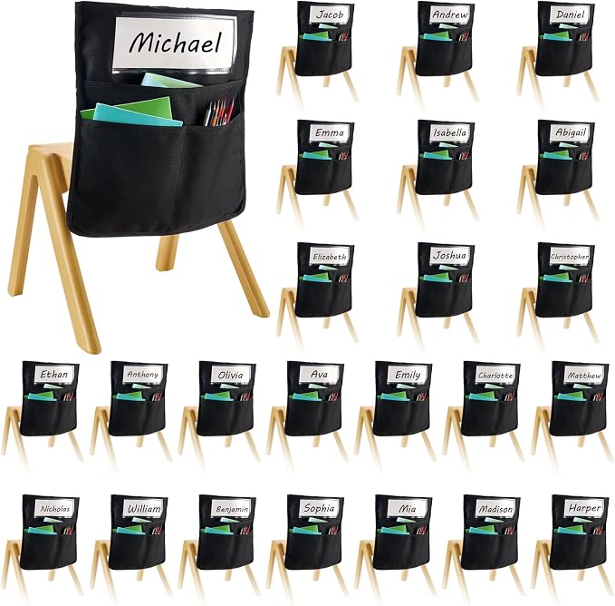 VEVOR Chair Pockets for Classroom, 24 Pack, 14 x 15 Inches Chairback Buddy Pocket with Name Tag, Back of Chair Organizer for Kids in Classroom, Kindergarten, School, and Home, Black by VEVOR