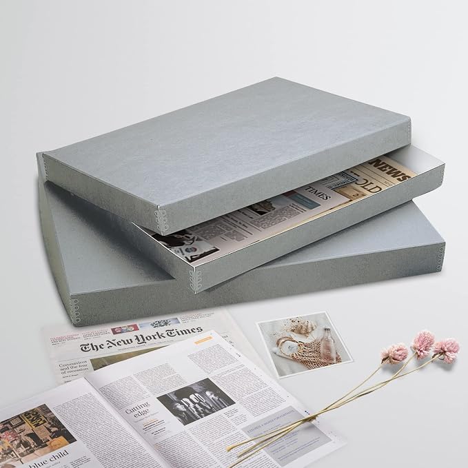 Lineco, Archival Newspaper Preservation Storage Box, 22''x15''x2'', Gray | Drop Front Design with Metal Edge, Acid-Free File Organizer, Preserve Photos, Documents, Scrapbook, Magazines, Negatives - Image 2
