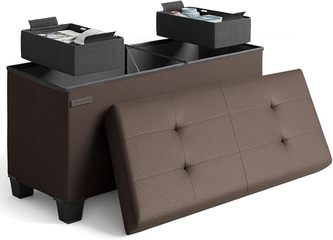 Storage Ottoman Bench with Bins, 30-in Storage Bench for Bedroom End of Bed, Folding Foot Rest Ottoman for Living Room Max 660lbs, Faux Leather Ottomans, Brown by STORAGEBUD
