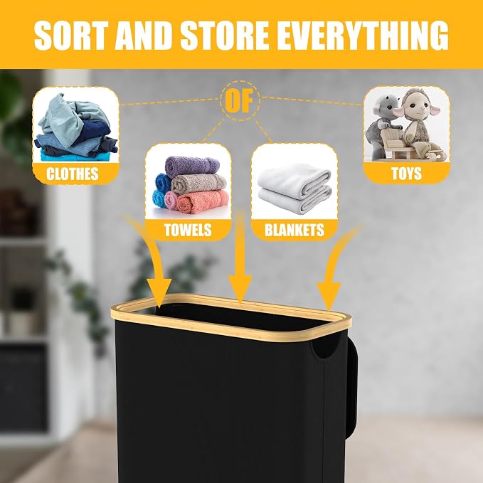 Slim Laundry Hamper with Lid, 60L Laundry Basket with Handles, Skinny Narrow Collapsible Dirty Clothes Hamper with Removable Laundry Bag for Bathroom Bedroom Dorm Clothes Toys Towels (Black 1) - Image 5