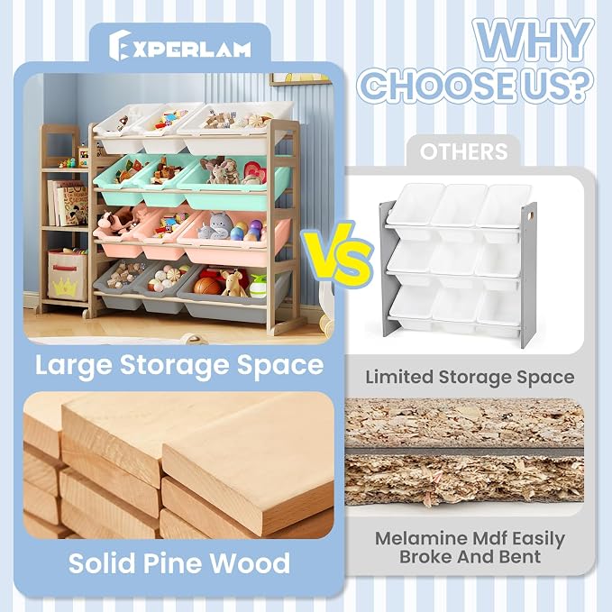 Toy Storage Organizer - Toy Organizers and Storage with Bookshelf, Toy Storage Shelf with 3 Shelves and 12 Storage Bins, Kids Bookshelf and Toy Storage for Kids Room, Playroom, Nursery, Multi color - Image 3
