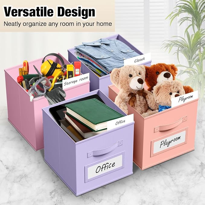 Teenyyou 10 Pack Fabric Storage Cubes 11 Inch Collapsible Cube Bins with Label Window & Handle Foldable Organizers Baskets for Shelf Closet Nursery Kids Room Clothes Book Toy(Gentle Pink Purple) - Image 4