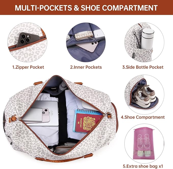 Duffle Bag for Travel, Weekender Bag with Shoe Compartment, Carry On Overnight Bag for Women with Toiletry Bag, Gym Bag with Wet Pocket, Hospital Bags for Labor and Delivery Beige - Image 4