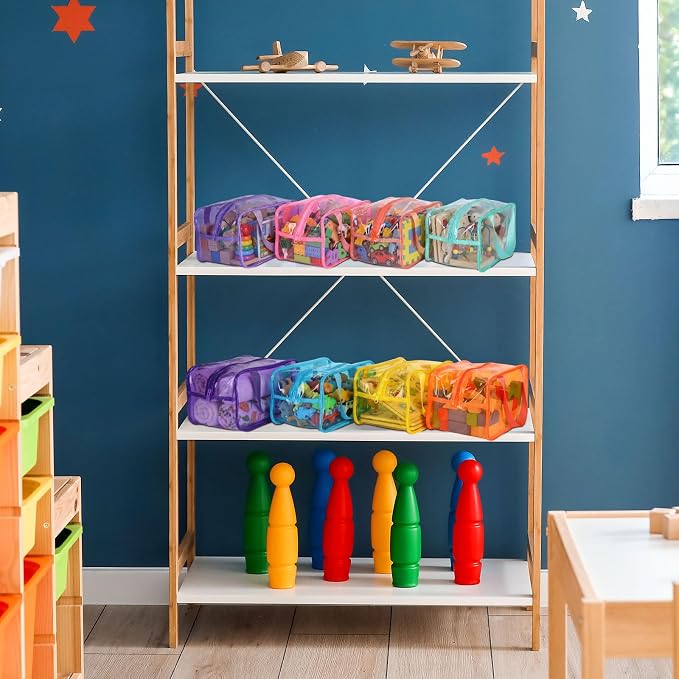 Shinylin 12 Pack Pastel Colorful Large Toy Storage Bags with Zipper 9.8 x 5.9 x 7.1 Inch Reusable Waterproof PVC Clear Board Game Storage Bags with Labels for Puzzles Building Blocks Book Stationery - Image 7