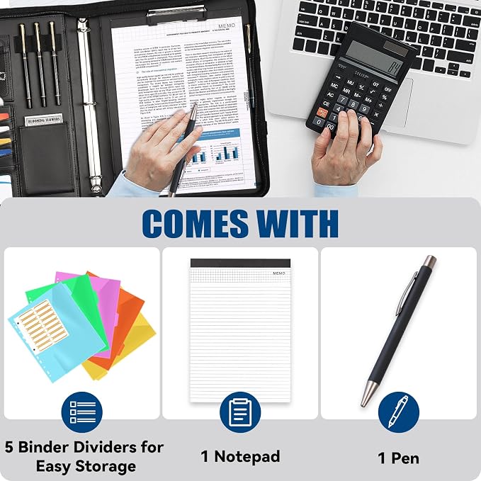 Portfolio Binder 3 Ring Includes Pen and 5 Dividers with 10 Pockets, Padfolio Organizer with Zipper for Men and Women, Includes A4 Notepad for Business, School, Work - Image 3