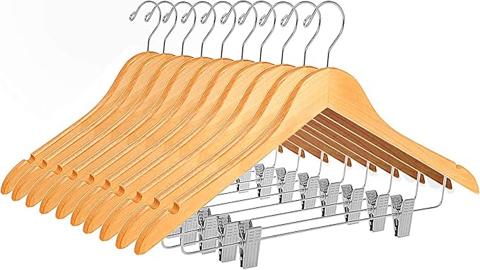 Quality Wooden Skirt Hangers with Clips, 10-Pack Smooth Solid Wood Pants Hangers with Durable Adjustable Metal Clips, Swivel Hook, Coat, Jacket, Blouse Suit Hangers (Natural, 10) by QualityHangers