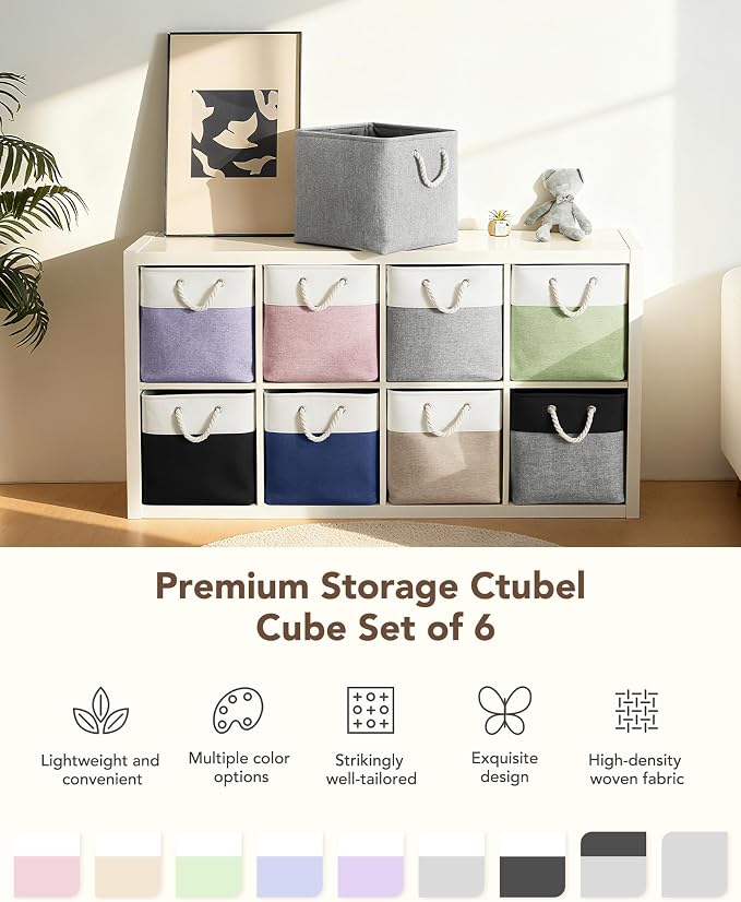 13x15x13 Inch Large Storage Bins with Cotton Rope Handles 6-Pack | Foldable, Top support of metal frame, Bottom with Cardboard Support, Fabric Cube Storage Bins for Closet, White Gray - Image 7