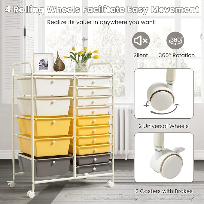 15 Drawer Rolling Storage Cart, Rolling Cart with Drawers for Classroom, Art Supply Craft Organizer on Wheel with Metal Frame & Handles for Home Office School - Image 6