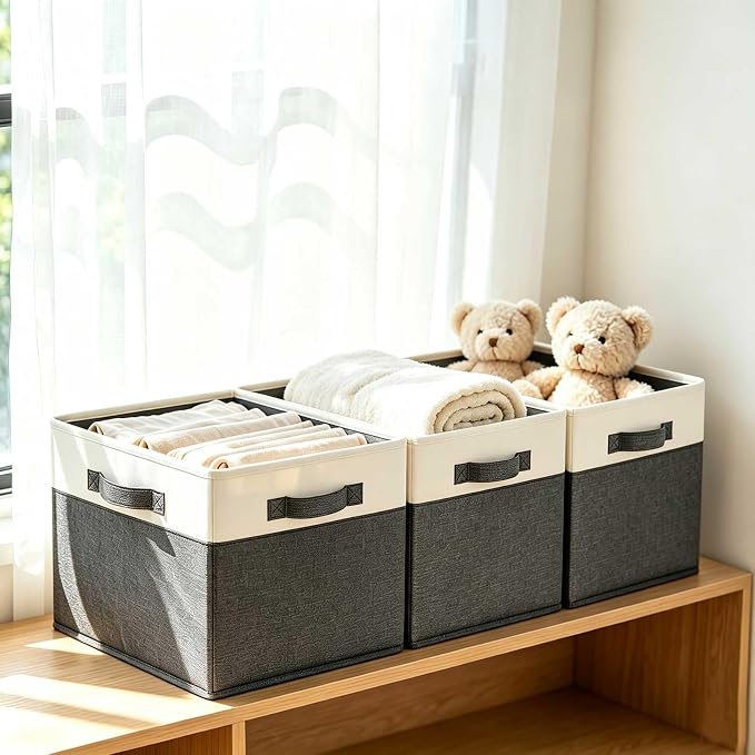 GhvyenntteS Large Fabric Storage Bins with 3 Handles, 15x11x9.6 Inch Storage Baskets for Shelves, Foldable Closet Storage Bins for Shelves, Closet Organizers and Storage Boxes 3 Pack - Image 2