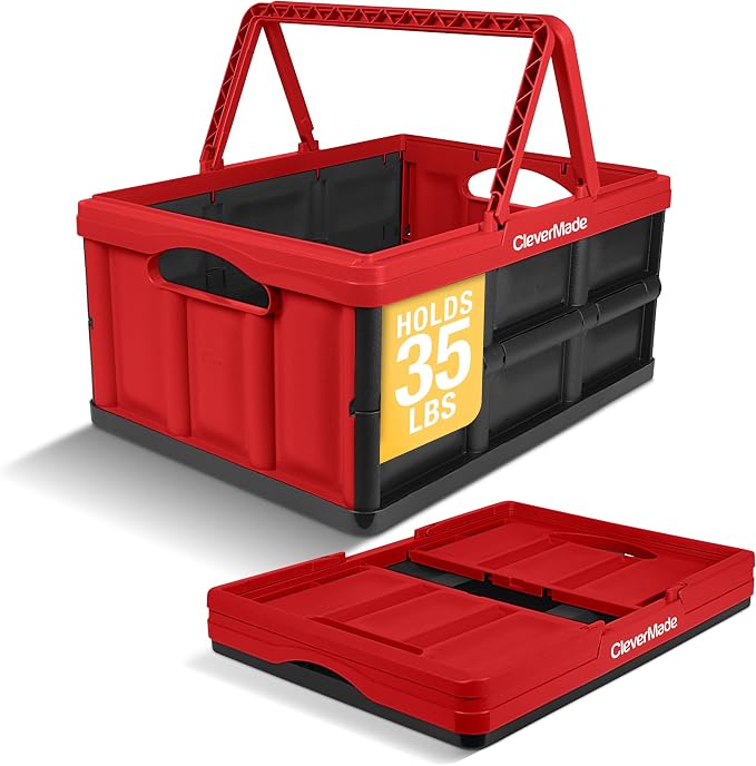 CleverMade Collapsible Shopping Basket, 32L Storage Crate, 1 Pack, Red | Carry Bigger Grocery Hauls with Confidence | Rigid Walls Hold 35 lb, While Top and Side Handles Balance the Load by CleverMade
